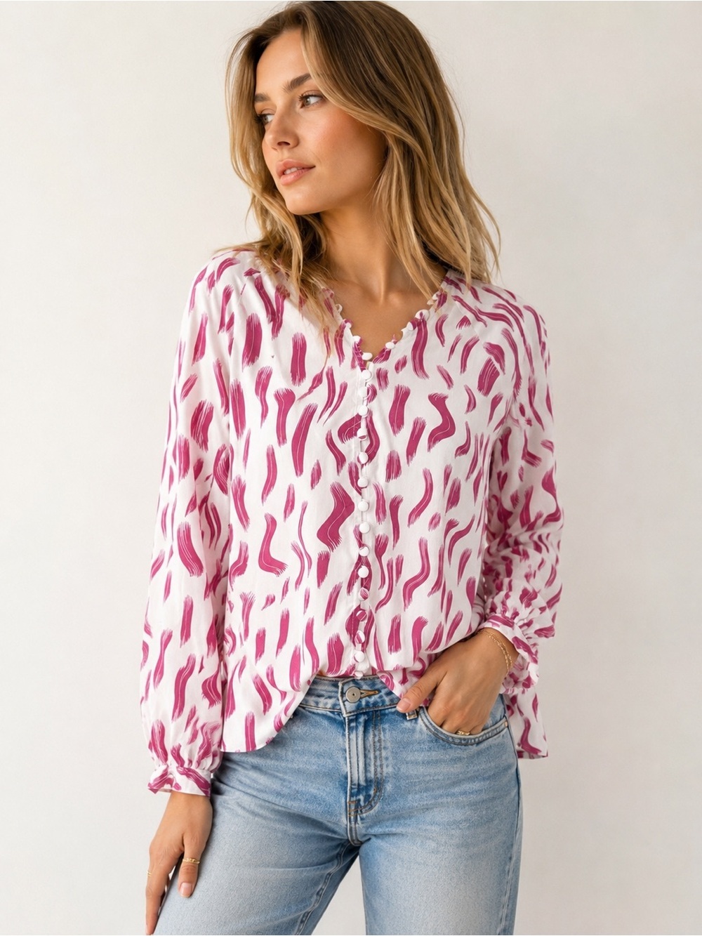 Joie 100% Silk Abstract Print Button Front Blouse XS White & Pink Long Sleeve
